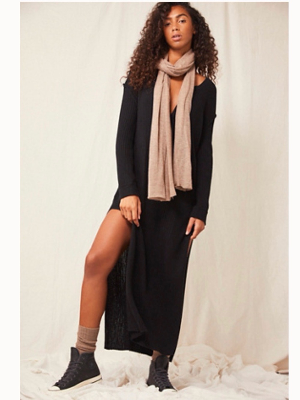 Free People Black Long Sleeve Ribbed Knit Maxi Dress